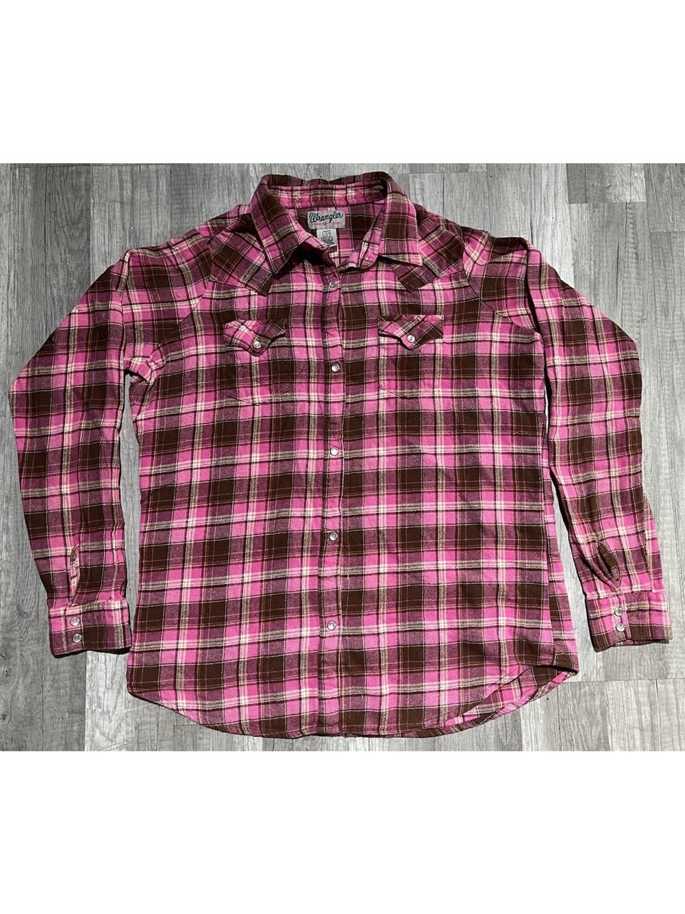 Vintage Wrangler Wrancher Plaid Flannel Shirt Pink Brown Large Long Sleeve